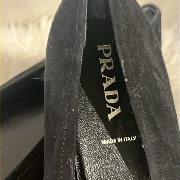 Prada size 37 Black Suede Flats with Chain & Bow Detail - NEW - Never Worn - Picture 2 of 15
